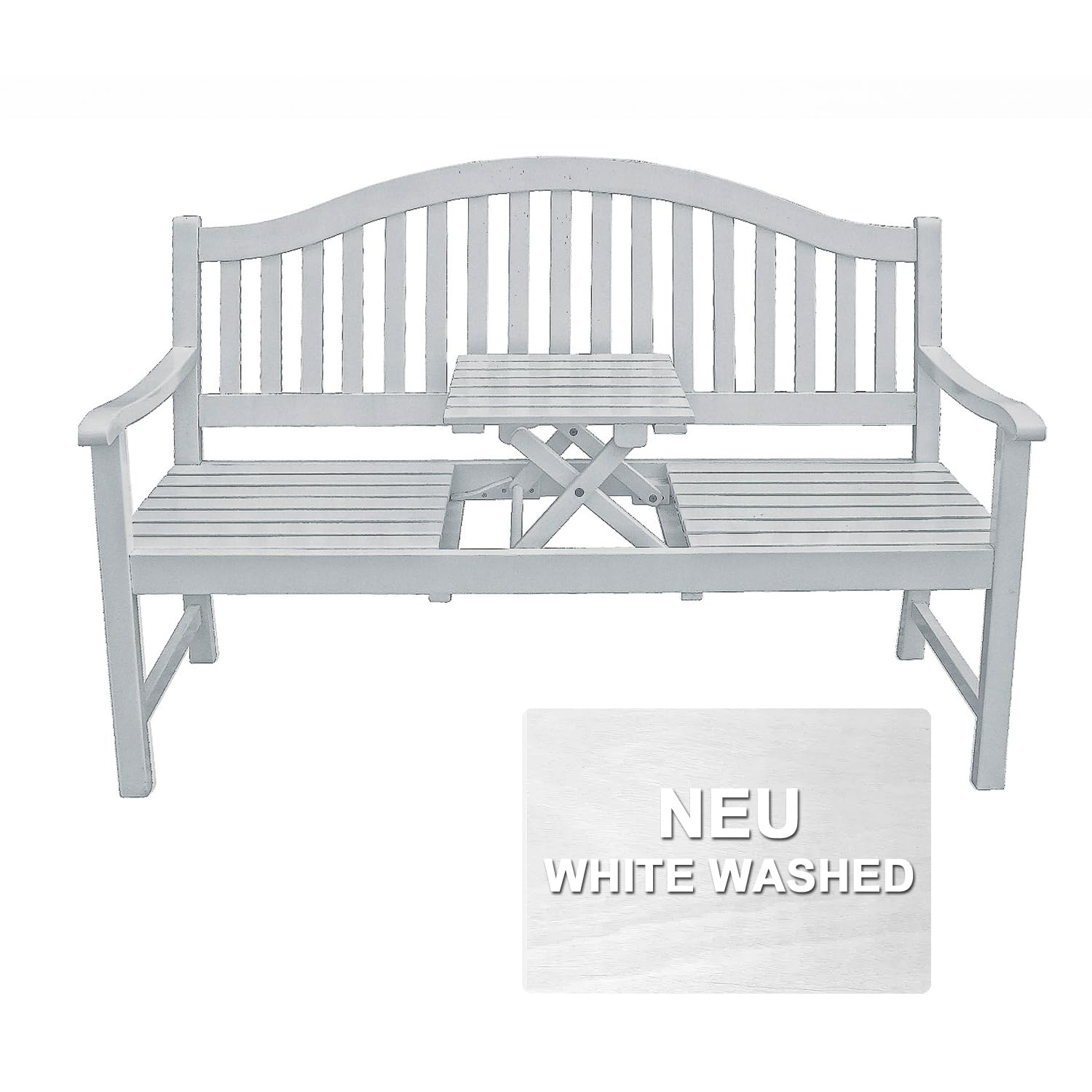 H4L Gartenbank White Washed Eukalyptus Holzbank weiß Sitzbank Gartenmöbel Bank intergrierter Tisch klappbar