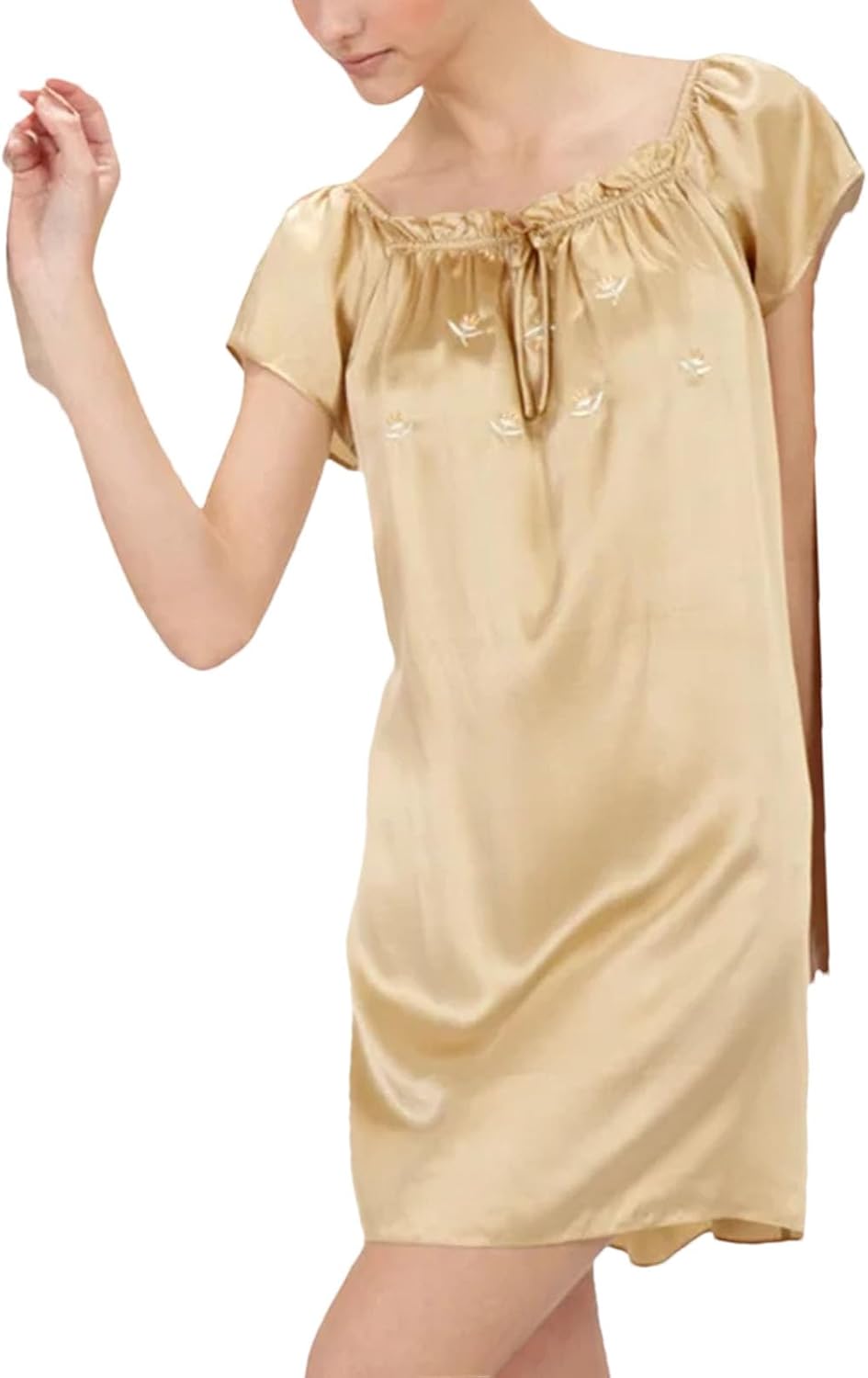 レディース刺繍シルクナイトガウン、100%無地シルクラウンドネックスリップ