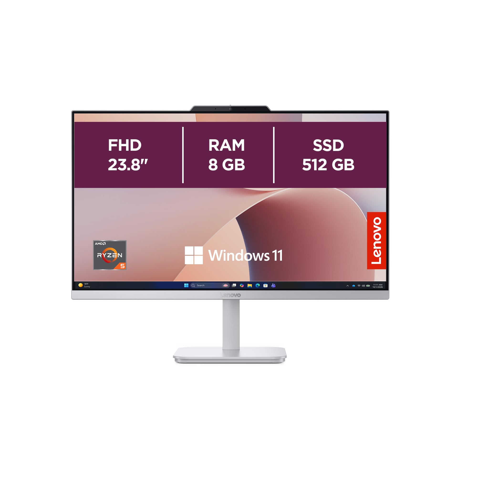 Lenovo A105 Computer desktop All-In-One, Display 24" FHD, AMD Ryzen 5 40, RAM 8GB, 512GB SSD, 2x Altoparlanti, Windows 11 Home, WIFI, Tastiera + Mouse USB inclusi - Cloud Grigio