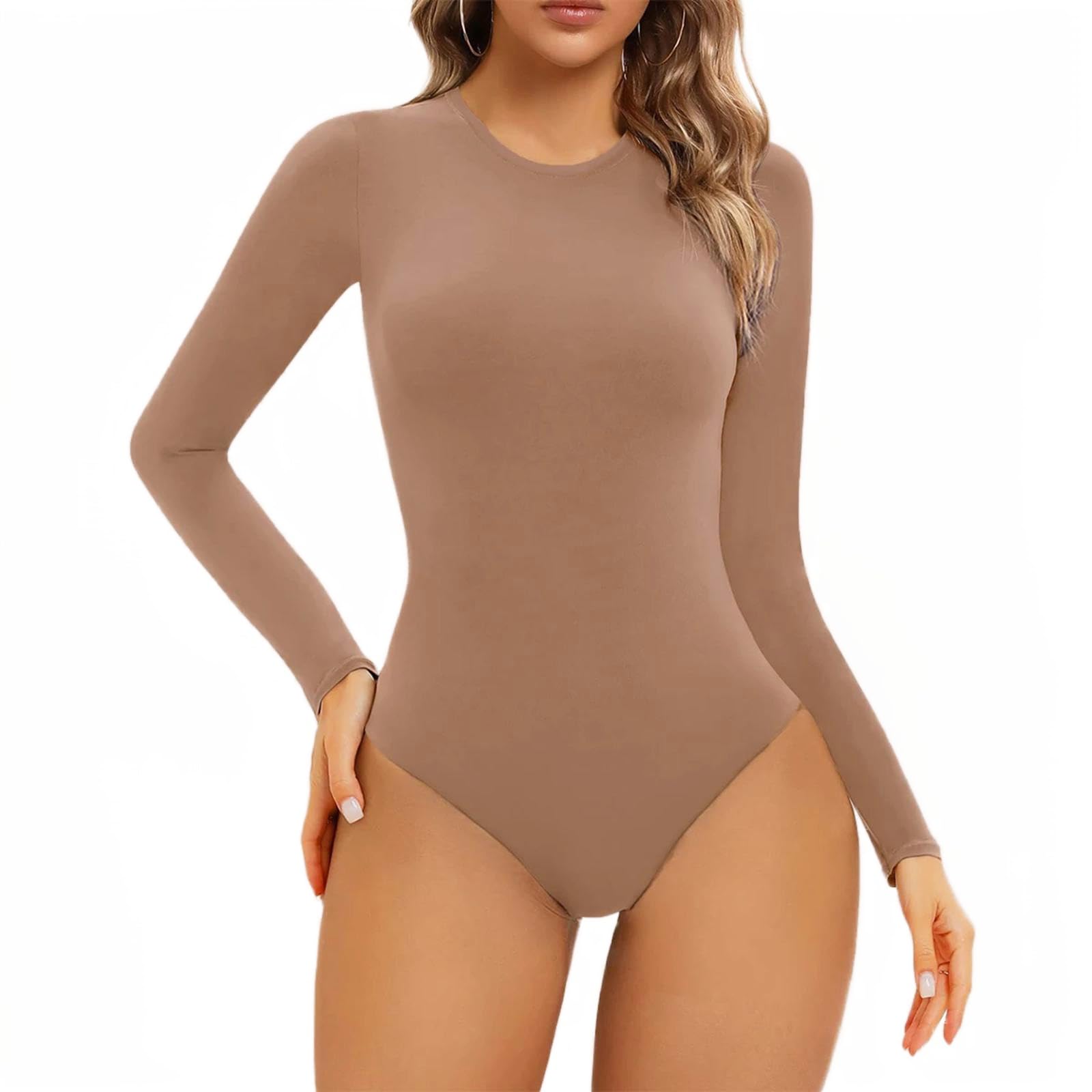 ISCBAFYX Body Moulant pour Femmes, Manches Longues/Courtes, Haut Justaucorps Extensible, String, col Rond, Couleur Unie, Combinaison Amincissante
