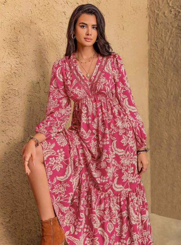 Image of Dress for Women ||Bohemian Brown Print Casual Comfortable Women's Long Sleeve Maxi Dress|| Popular Autumn Apparel Fashion (D-03-05)