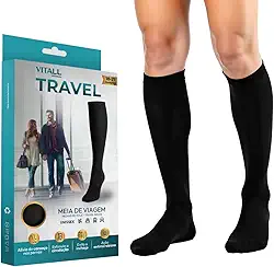 Meia Viagem de Avião Evita Trombose 3/4 Vitall Travel Média Compressão 18-21 mmHg Com Ponteira Preta Unissex
