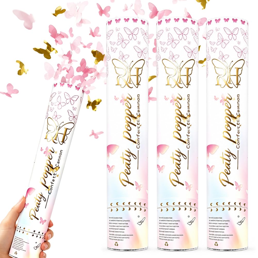 XPJBKC 4PCS Gender Reveal Confetti Cannon, Butterfly Gender Reveal Cannon - Pink, Party Confetti Cannons, Party Poppers, Pink Confetti Cannon for Baby Girl Baby Shower Announcement