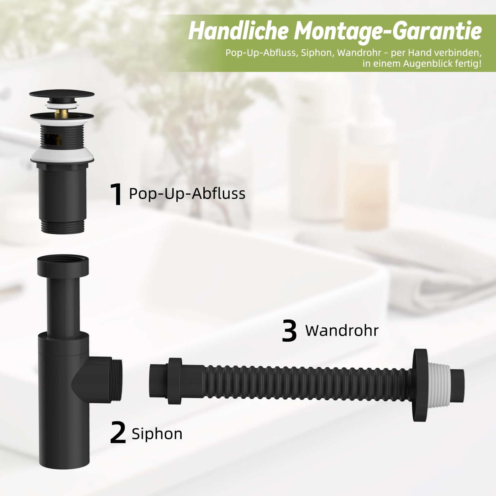 Hibbent Siphon mit Pop Up Ventil Ablaufgarnitur für Waschbecken mit und ohne Überlauf, Höhenverstellbares & Biegsames 304 Edelstahl Abflussrohr - G1 1/4" (ca.40mm) Universalanschluss - Schwarz