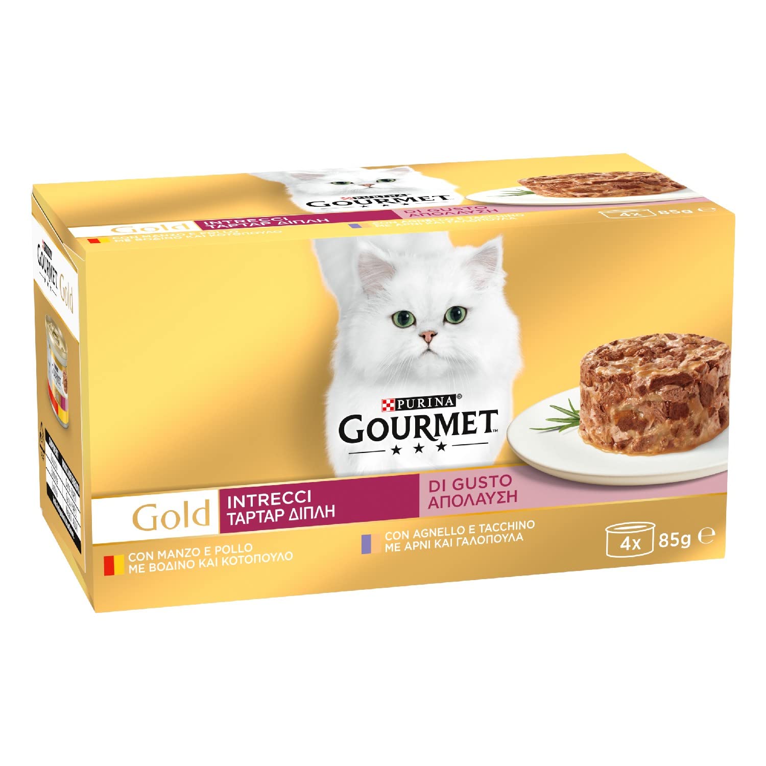GOURMET Gold Intrecci di gusto Cibo Umido per Gatti Adulti Tortino con Pollo, Manzo, Tacchino e Agnello 48 Lattine da 85g