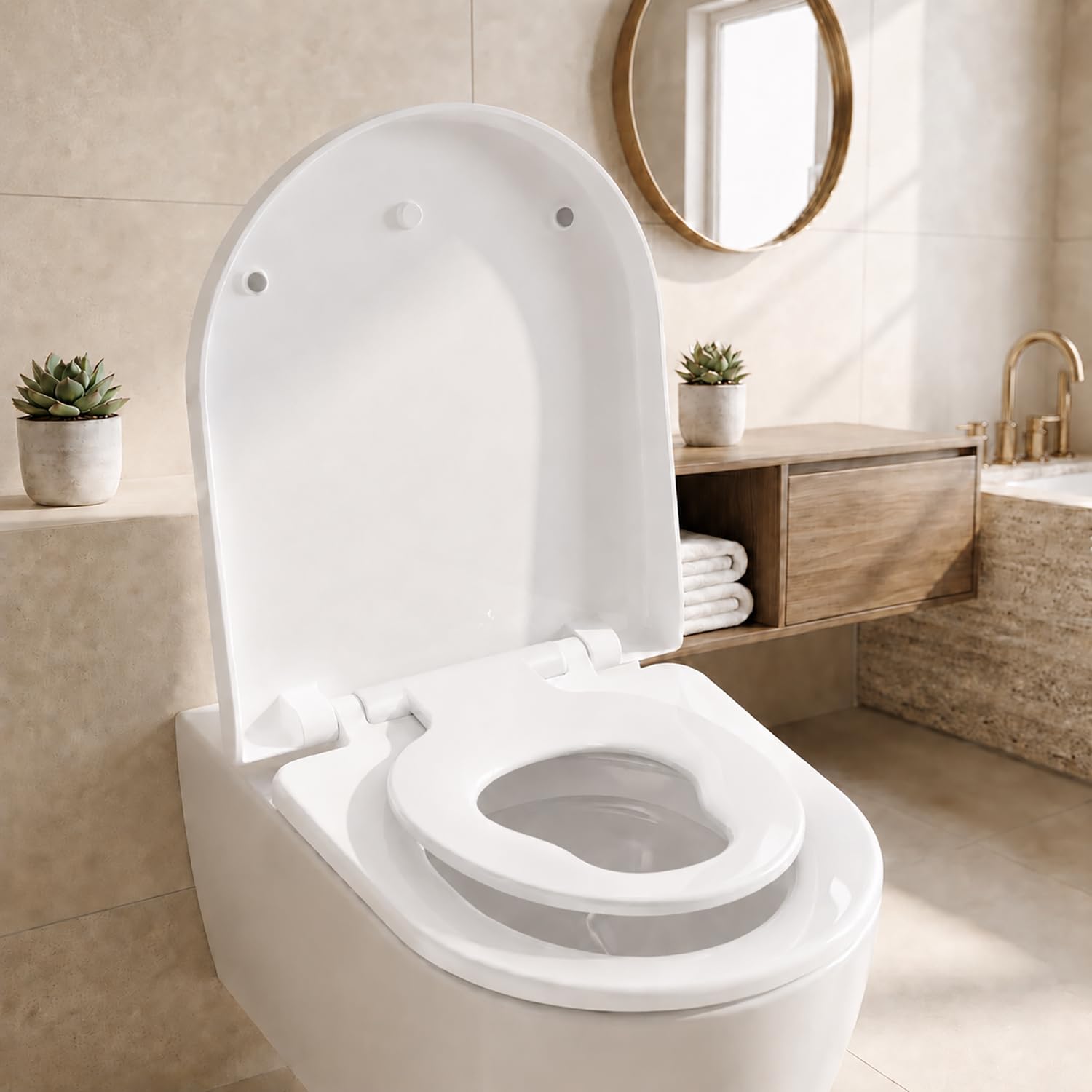 Abattant WC Familial Forme en D, Lunette de Toilette avec Siège Enfant Magnétique, Frein de Chute et Charnière Réglable, Siège de Toilette pour Adultes et Enfants, Démontage Rapide - Blanc
