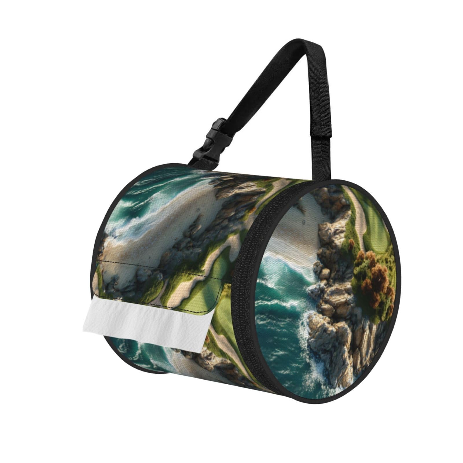 Beach Golf Course Printed Cylindrical Tissue Bag Portable Oxford Cloth, Foldable Travel Tissue Holder With Zipper And Adjustable Belt