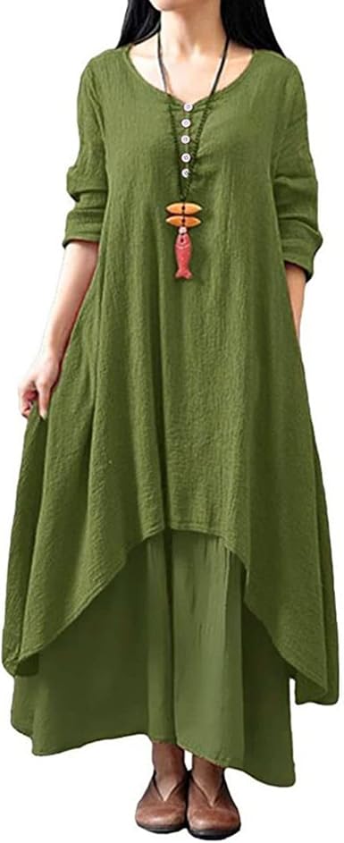 Maxi Abito Da Donna Cotone Lino Manica Lunga Irregolare Boho