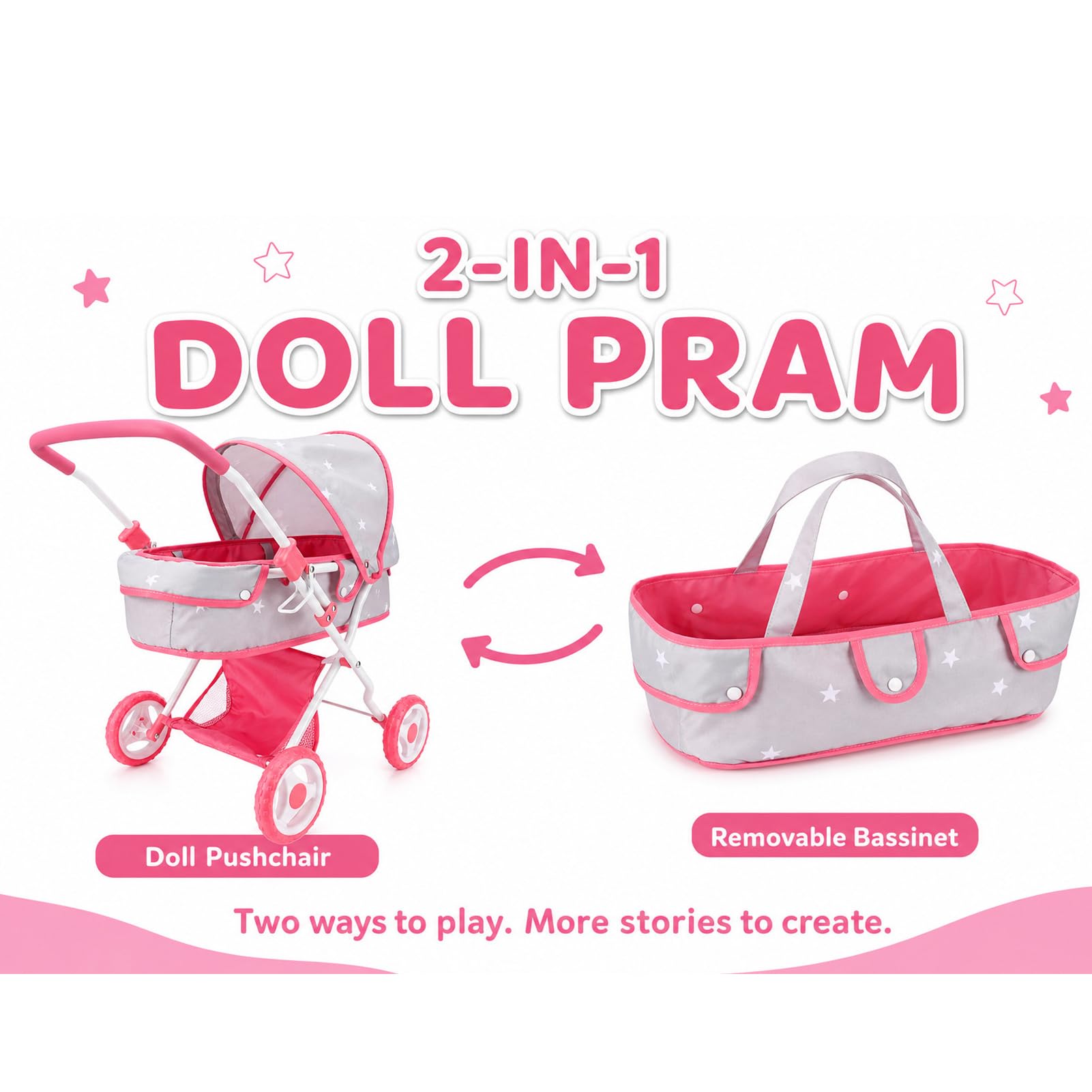 Bebamour Set passeggino 2 in 1 con culla rimovibile e giocattoli per bambini piccoli (grigio)