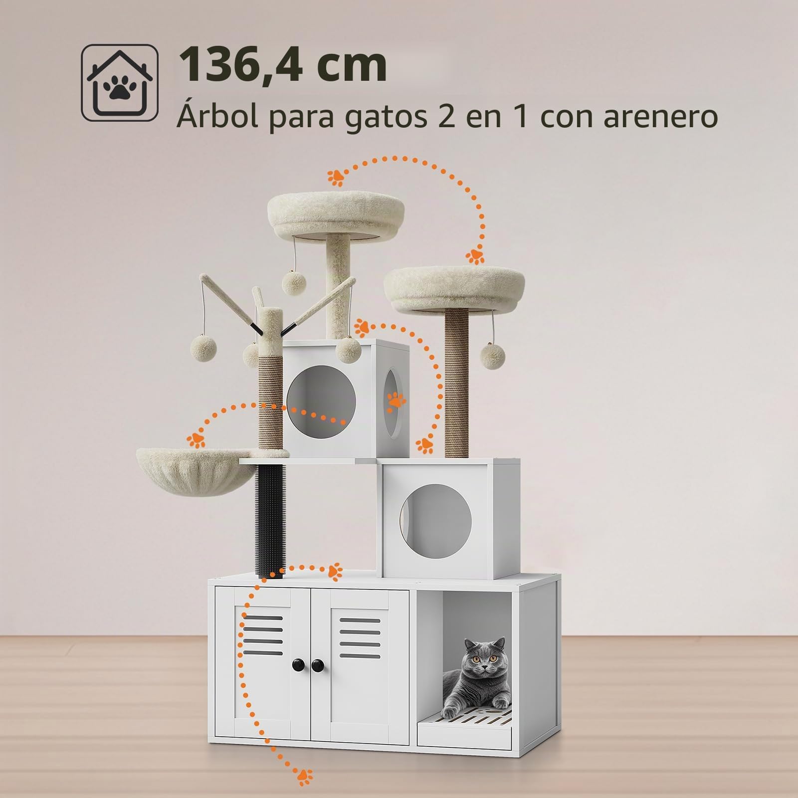 Mueble Arenero para Gatos con Rascador y Cueva – Mueble De Madera Oculto con Rascador De Sisal, Zona De Descanso Suave y Juegos Multinivel para Gatos