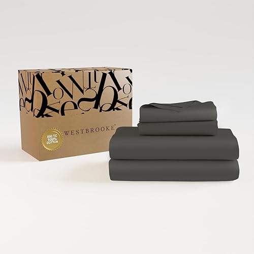 Westbrooke 800 TC Ultrafine Cotton Sheet Set - Full Size Sateen Sheets | 4 Piece Long Staple Cotton Bedding Set with Elasticized 15.5" Deep Pocket - Soft, Breathable Luxury Sheets - Dark Grey