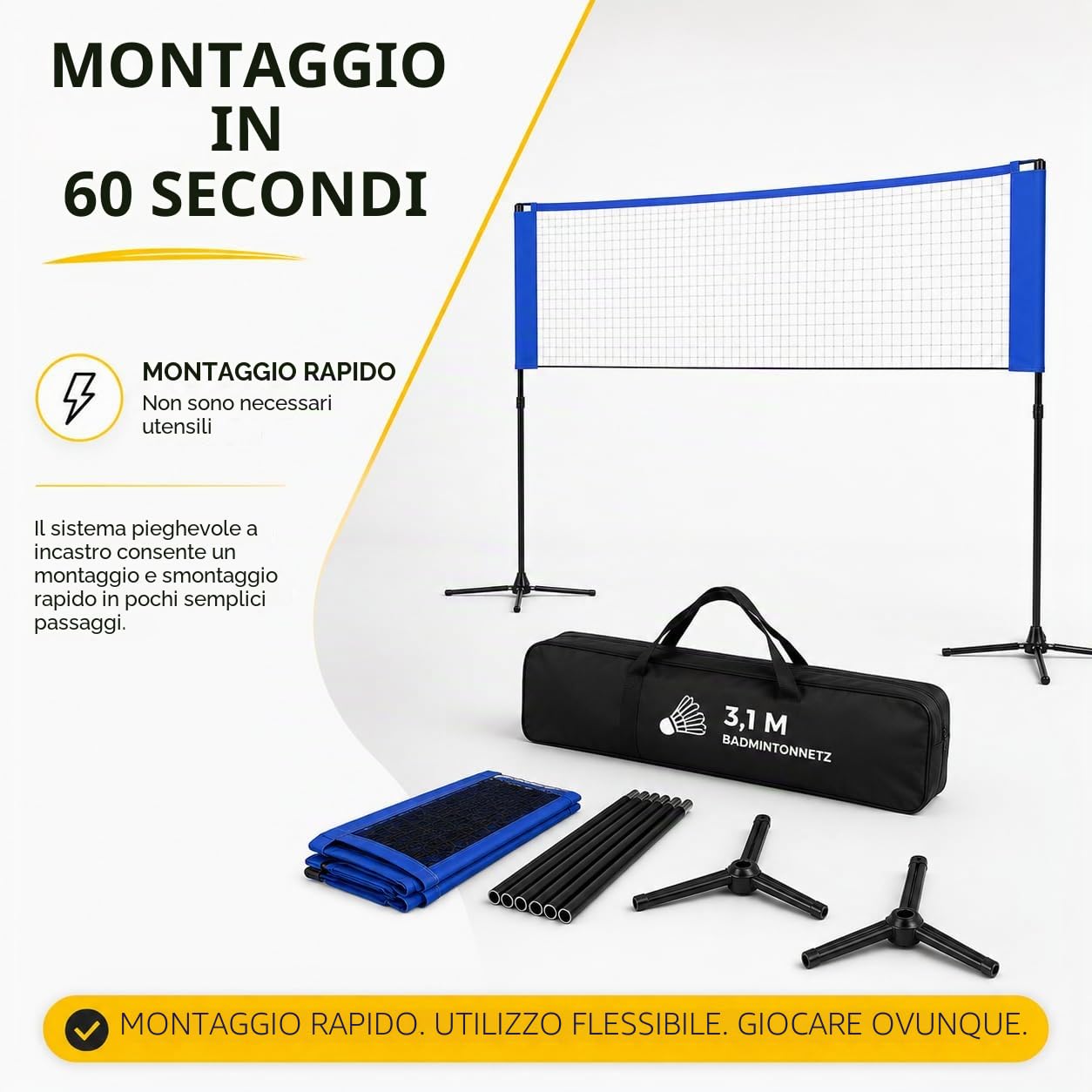 Rete da badminton pieghevole da 3,1 m, con borsa per il trasporto e supporto regolabile in altezza, in nylon, 107/105/150 cm, per volano, tennis, pallavolo, beach volley, facile da montare e smontare