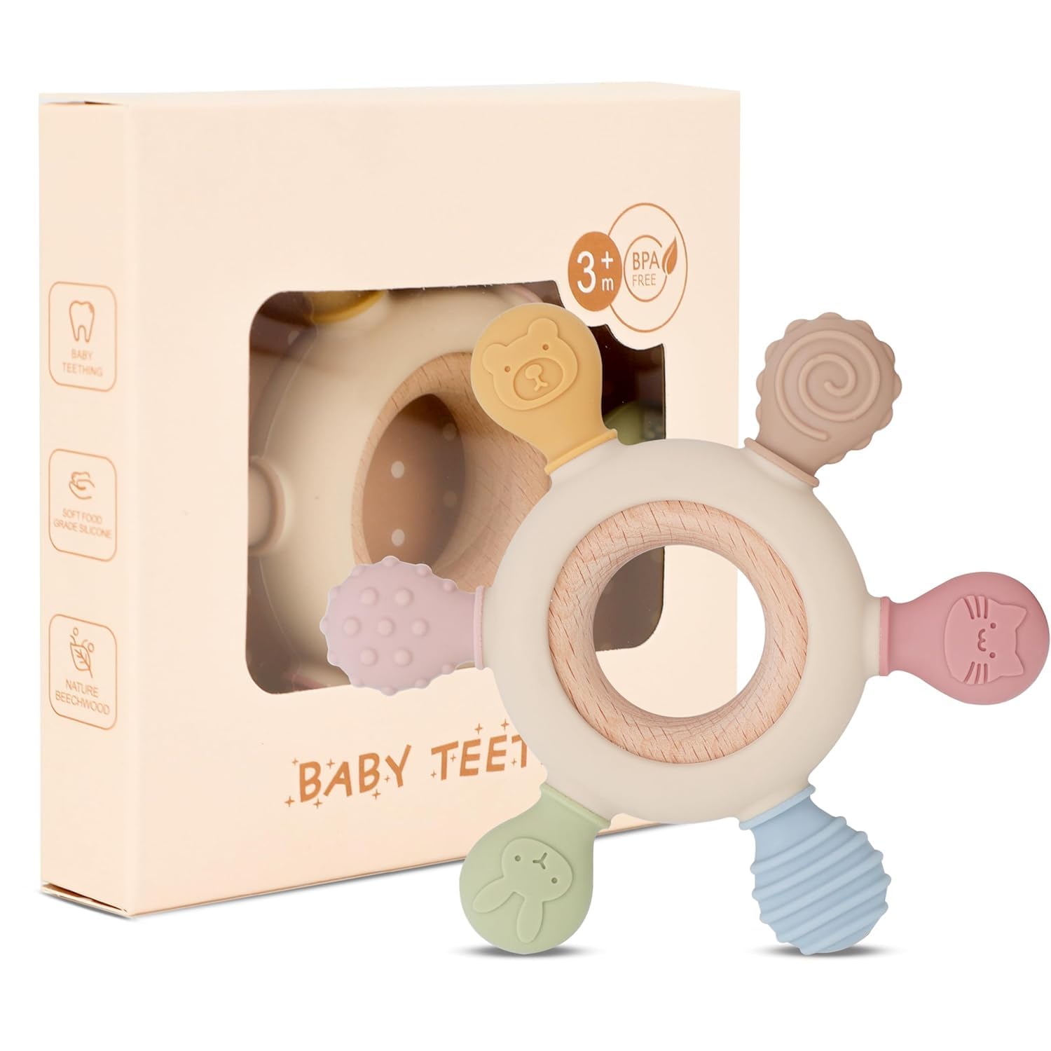 KESI ORNAMENTS Wooden and Silicone Teething Rings for Babies 3+ Months, BPA Free Rudder Teether with Chewable Silicone - Natural Relief for Teething Pain. Perfect for 6-12 Month Baby-image-42