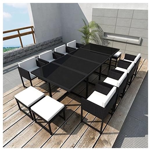 Tidyard Modern 12-Person Outdoor Dining Set 13 Pieces Furniture Set Tempered Glass Table Black Poly Rattan for Garden Patio