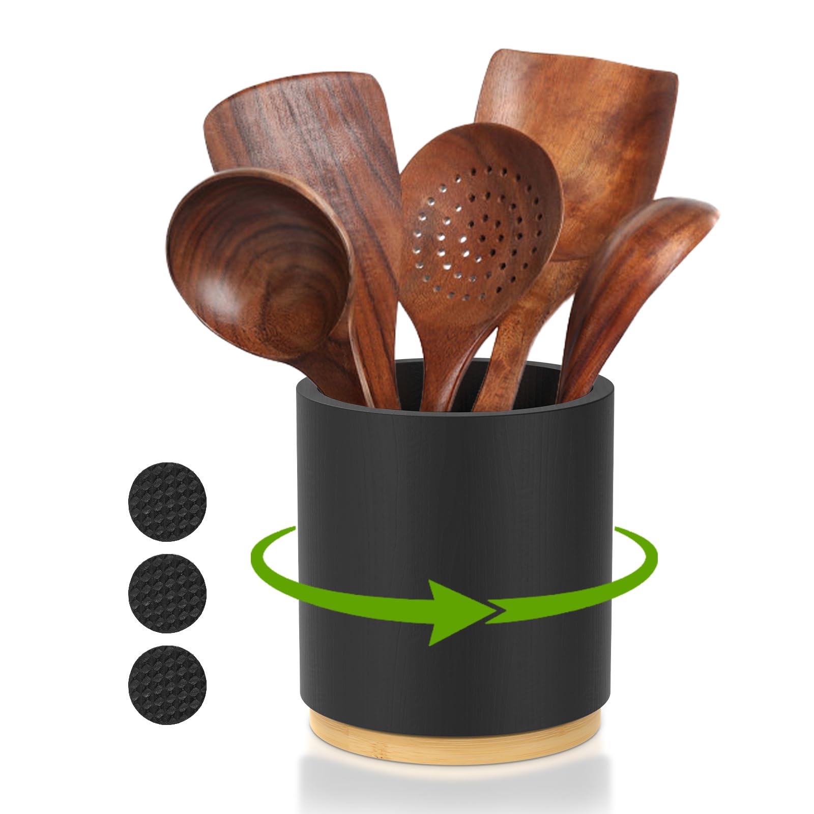 Bobash Black-1-Style 3 Utensil Holder 360° Rotating 6.5''Large Utensil Holder For Kitchen Counter Cooking Tool Organizer Farmhouse Kitchen Countertop Decor(Black-1-Style 3)
