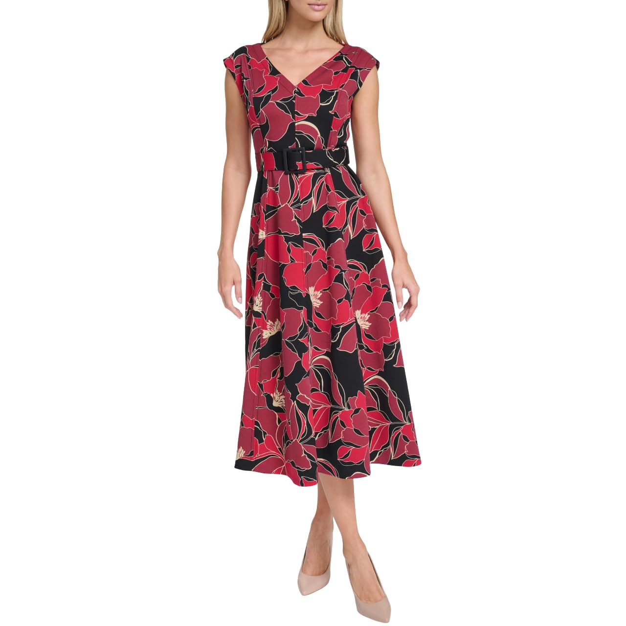 Calvin Klein Women's Sleeveless V-Neck Belted A-line Midi Dress