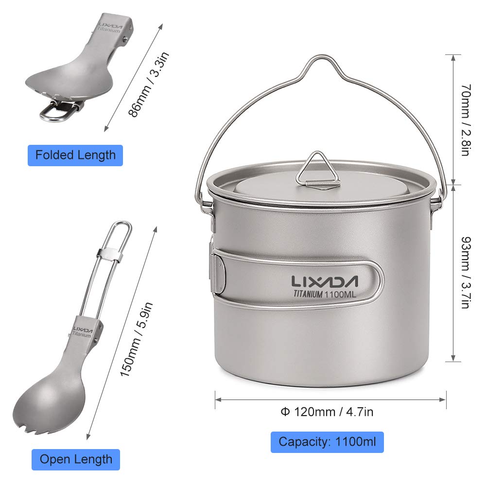 Lixada Lekki tytanowy pojemnik 750/900/1100 ml ze składaną łyżką, na biwak na świeżym powietrzu, piesze wycieczki i pikniki