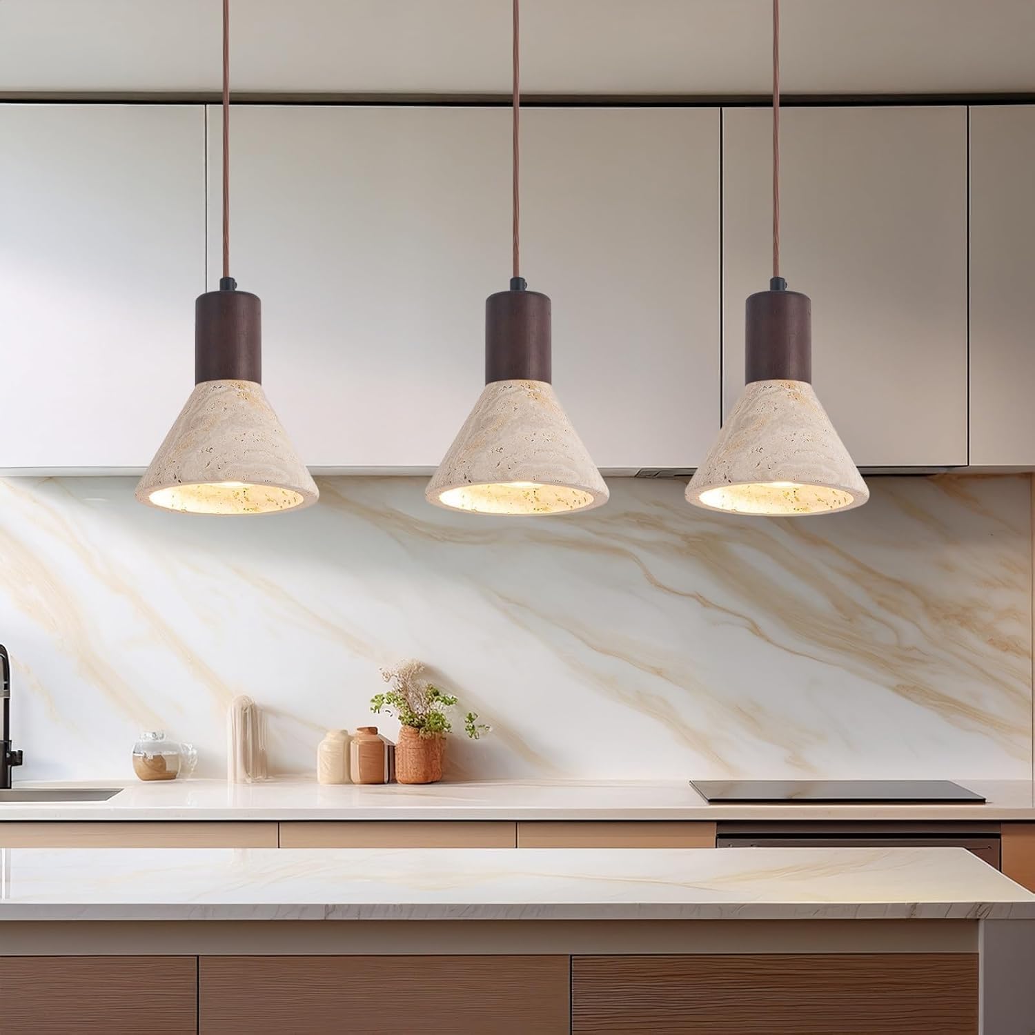 Modern Travertine Stone Light, Adjustable Height Conical Shade Hanging Lamp, Vintage Wabi-sabi Style Ceiling Fixture for Bedside, Bedroom,Dining Room,Kitchen Island