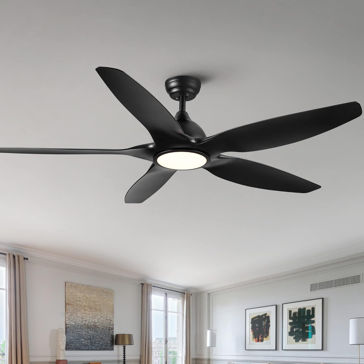 60 in Integrated LED Ceiling Fan Lighting with Black ABS Blade, Large Room, 6 Speeds, Remote