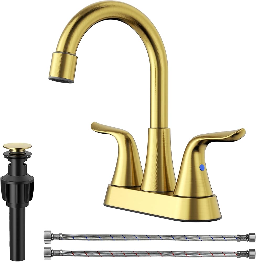 Plastic Bathroom Sink Faucet 4 inch, NSF Certified, 3 Hole, Brushed Gold — 사진 1