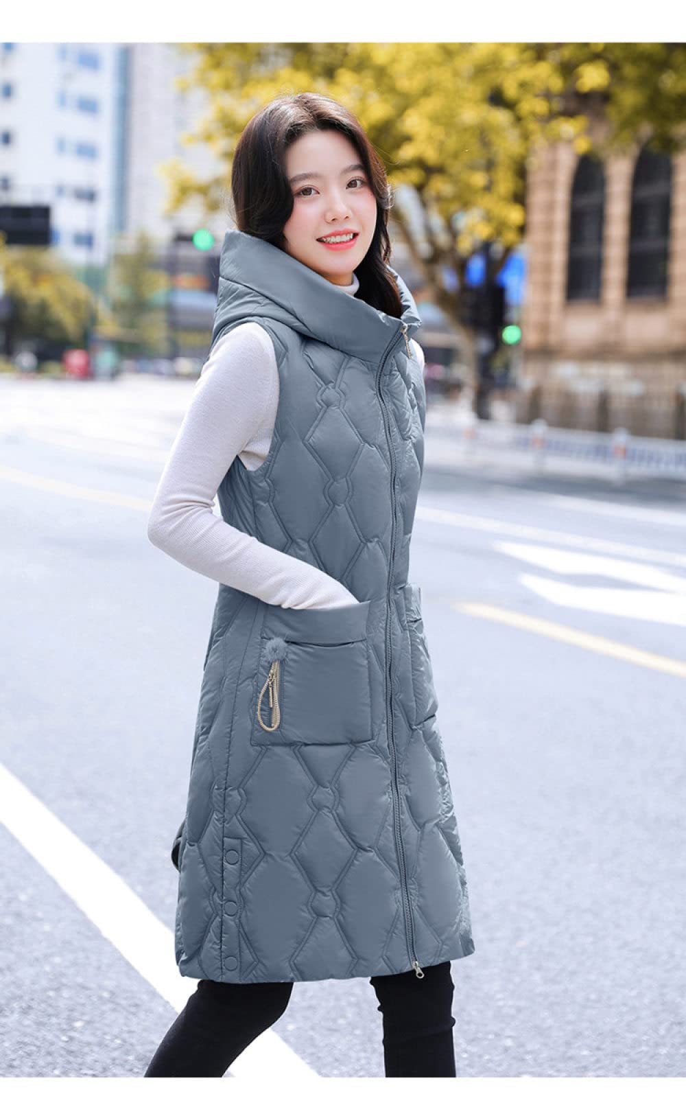 Piumino Smanicato Donna,Gilet Lungo Trapuntato Cappotto Invernale Gilet Con Cappuccio Moda Blu Rombo Gilet Senza Maniche Elegante Sciolto Signore Puffer Gilet Lungo Imbottito Di Transizione Gilet Di