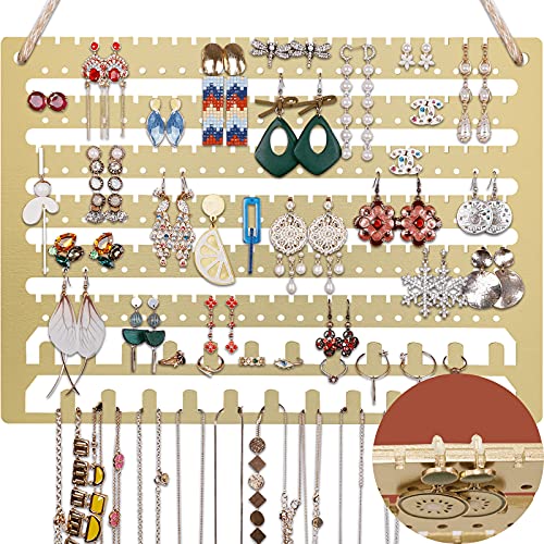 Wooden Jewelry Organizer Wall Mounted, Hanging Jewelry Organizer Earring Organizer Necklace Holder Bracelet Holder Over The Door, Jewelry Holder for Earrings, Necklaces &Rings (Gold)