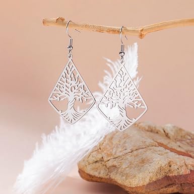 KKJOY Orecchini Rombici dell'Albero della Vita in Acciaio Inox Orecchini pendenti dell'Albero della Vita Ispirati alla Natura Gioielli Spirituali per Donne Affascinanti