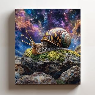 (11 x 14 x 1.25 IN) Gallery Wrapped Canvas Wall Art Print of Stunning Abstract Expressionism Poster: Envision Snail Navigating a Lush Moss-Covered Rock in a Mystical Cosmic Landscap - 925UNCA0k19420WH