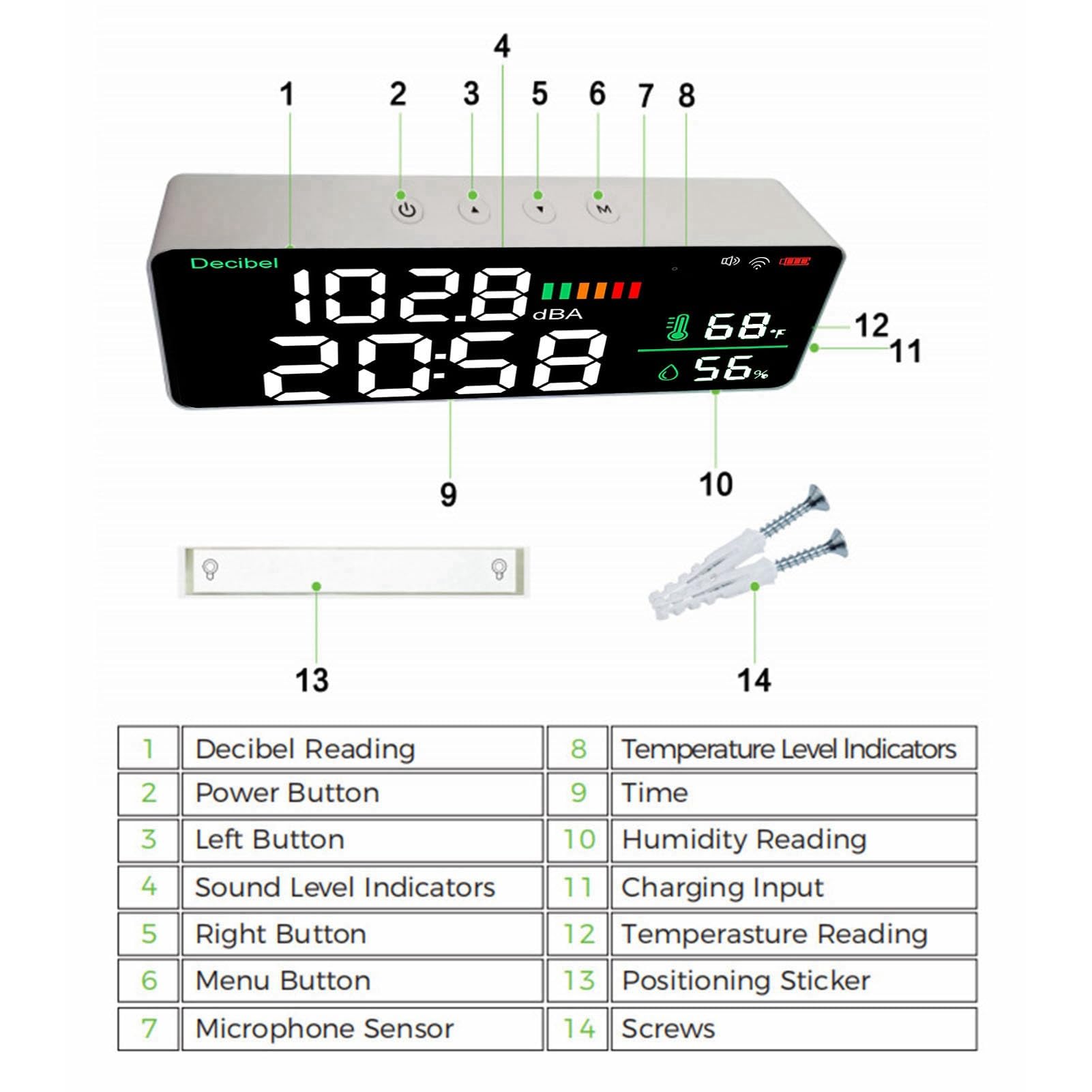 Greensen LED Decibel Meter WiFi Wandmontage 11 Zoll LED -Temperaturfeuchtigkeitszeit Anzeige Schallmesser für - 4 in 1 für den Gebrauch von Heim und Büro