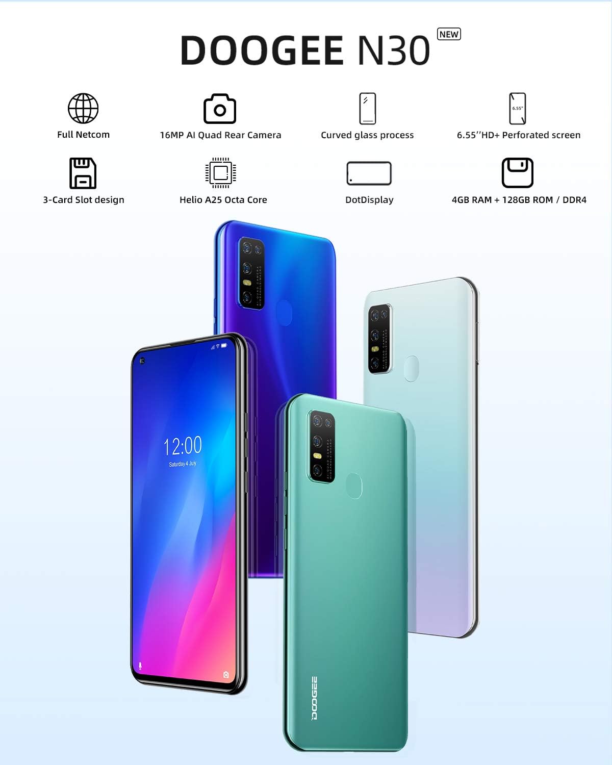 Greatest Product Unlocked Smartphone DOOGEE N30 (2021) Mobile Phone 4GB+128GB Triple Rear Camera 6.55 Infinity Display Android 10.0 4500mAh 4G Dual SIM Phones Black