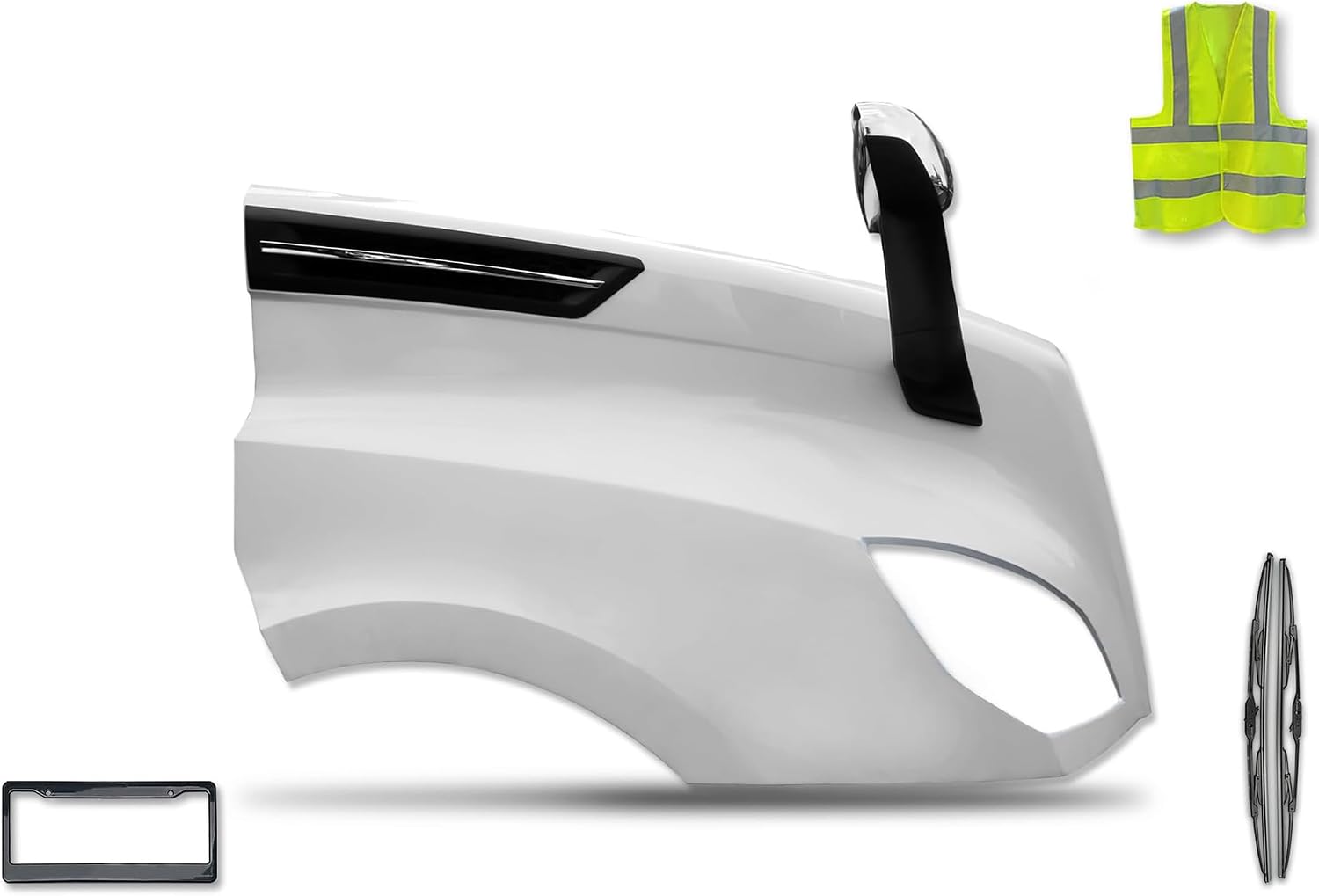KOZAK Fiberglass Hood Fender w/Chrome Mirror & Side Hood Vent Black - Passenger Right Side - Compatible with FREIGHTLINER CASCADIA 2018+ PLUS Logo, Wipers, License Plate Frame and Vest