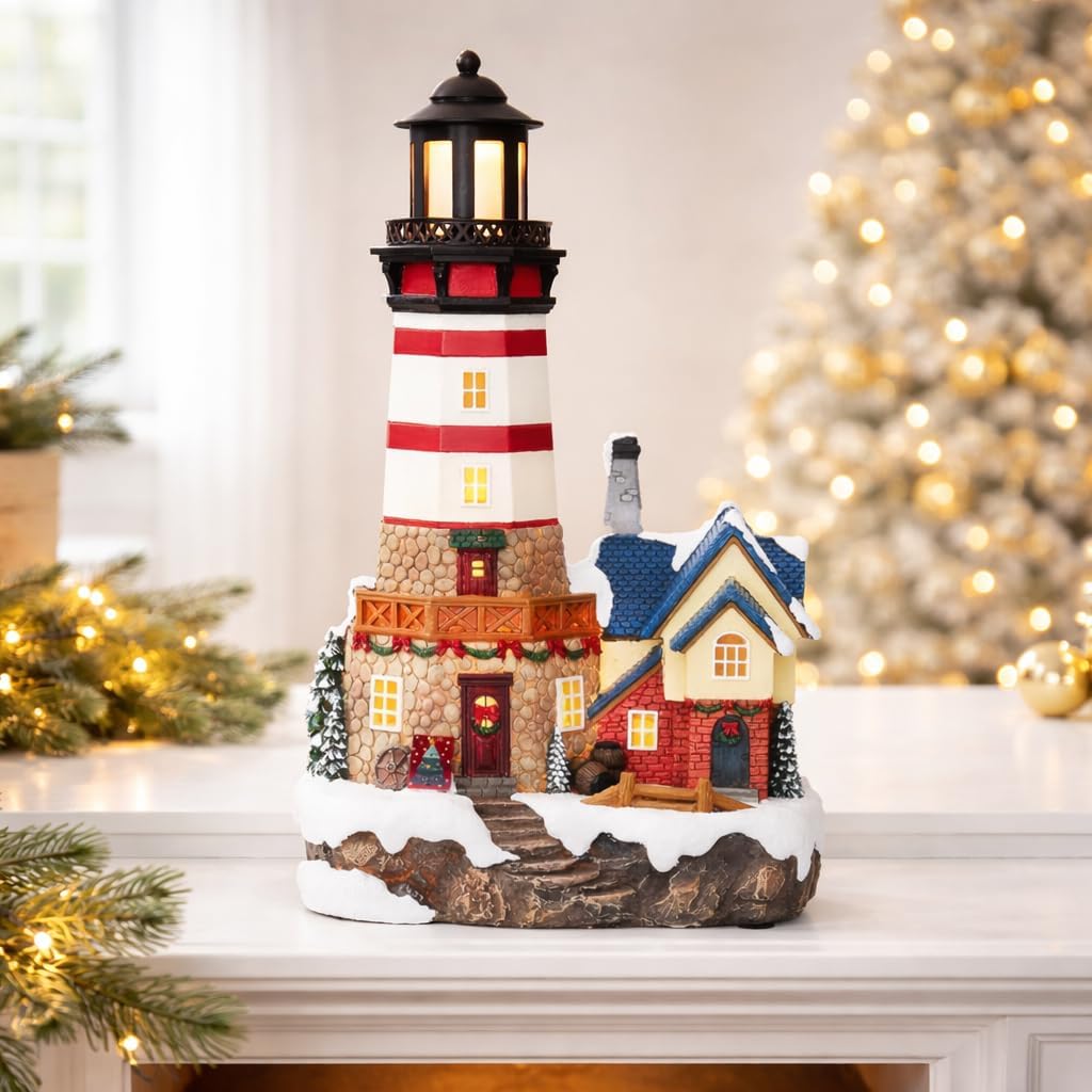 MOMENTS IN TIME Christmas Lighthouse 13.58”H Handcrafted Polyresin LED Holiday Village Scene with Coastal House Light Up Christmas Decoration with Power Adapter