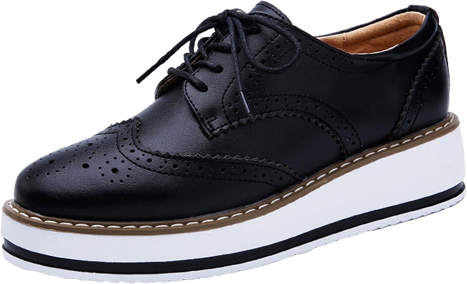 WUIWUIYU Women's Platform Oxford Shoes - Leather Wingtip Brogues With 4.5cm Heel & Square Toe