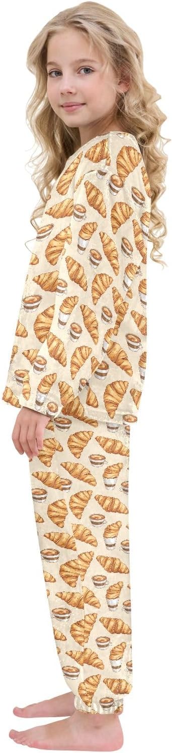 Kids Flannel Sets Croissant and Coffee Warm Plush Relaxed Clothing for Boys and Girls