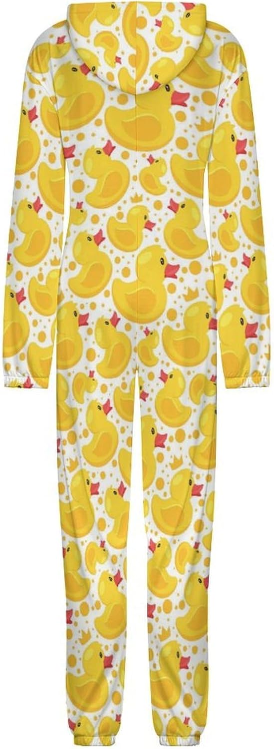 Cute Rubber Ducks Adult Pajamas Onesie with Hood Pocket Jumpsuits One Piece Sleepwear