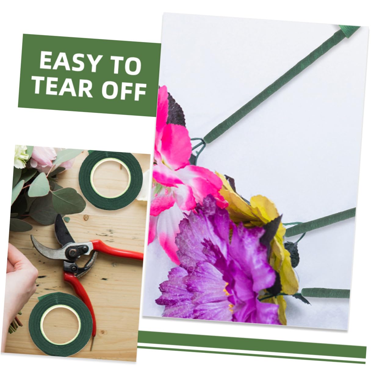12 Rolls Deep Green Floral Tape Non-Sticky Bouquet Wrap Tape for Fresh and Artificial Flowers Stem Wrapping DIY Floral Arranging Craft
