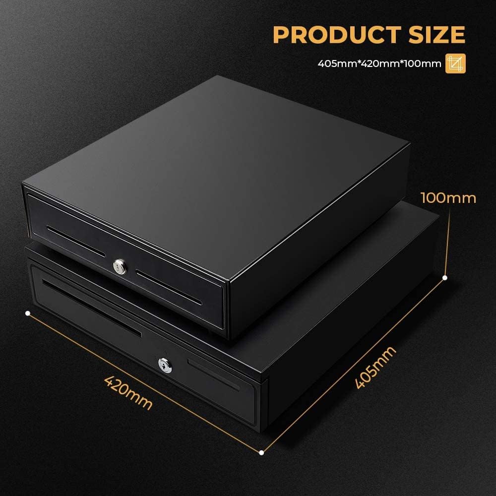 MUNBYN Black Cash Register Drawer, 16" Wide Cash Drawer with Removable Coin Tray, 5 Bill/5 Coin Tray, RJ11/RJ12 Interface Compatible with Epson POS Square, Cashier Register Till Tray