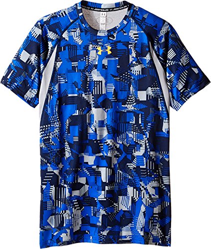 Under Armour Boys' HeatGear Armour Up Printed Fitted Short Sleeve Shirt, Ultra Blue (907)/Yuzu Orange, Youth X-Small