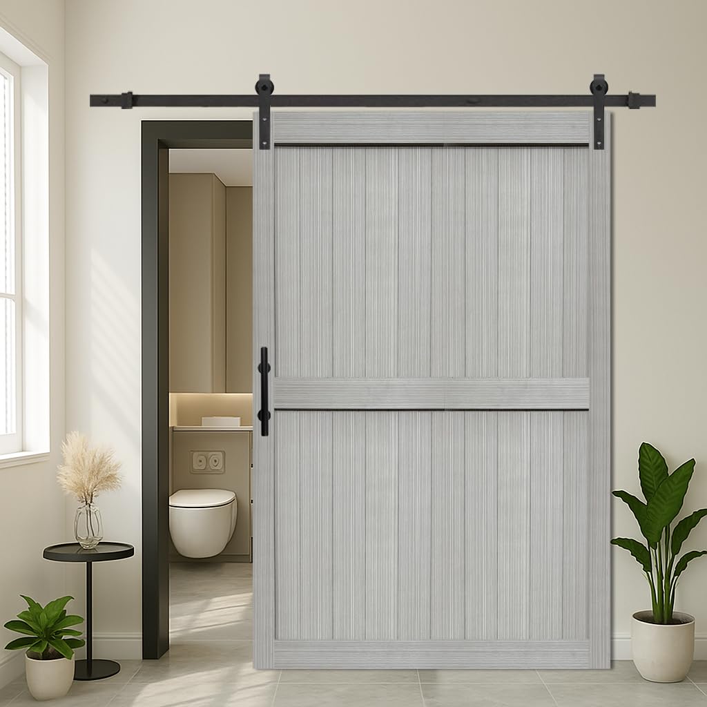 S&Z TOPHAND® 54in x 84in MDF Light Gray Barn Door with 10FT Sliding Door Hardware Kit, 24-60in Solid Barn Door Slab Covered with Water-Proof PVC Surface, Simple Assembly is Required