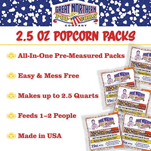 Image of 2.5oz Popcorn Packs - Pre-Measured, Movie Theater Style, All-in-One Kernel, Salt, Oil Packets for Popcorn Machines by Great Northern Popcorn (40 Case)