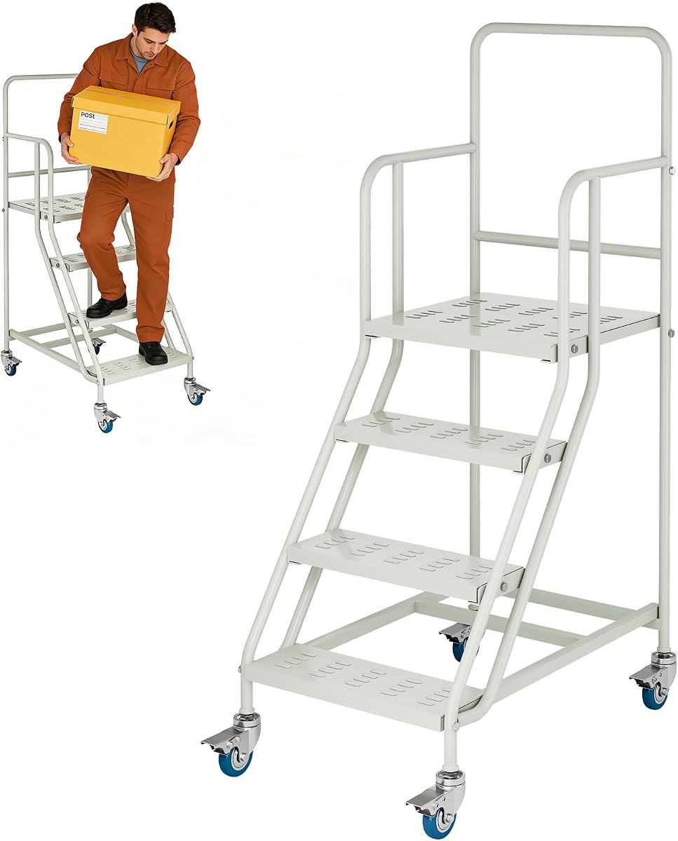 Escalera rodante de 4 escalones con pasamanos, escaleras industriales y de almacén con ruedas, escalera de plataforma antideslizante de capacidad de 485 libras para garaje, biblioteca, supermercado, capacidad de 445 libras