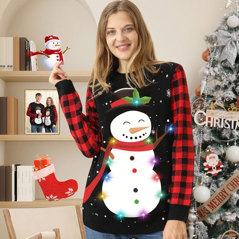 Jersey Navideño con Luces Reno Bufanda Suéter Navidad Mujer Hombre Pareja