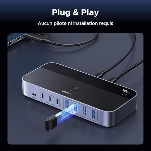 UGREEN 10Gbps Switch USB C 3.2 Commutateur KVM 2 PC Entrées 7 Sorties | Périphériques USB, 4A3C, pour Clavier, Souris, Disque Dur, Imprimante, Scanner, avec Adaptateur Secteur DC 12V - 8