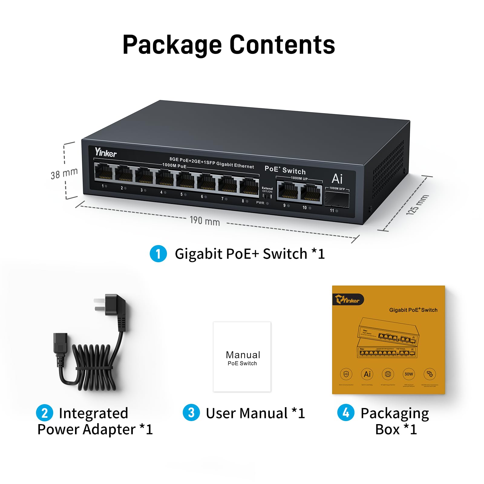 Switch PoE Gigabit de 11 Puertos, 8 Puertos PoE+ 120W + 2 Uplink Gigabit + 1 Ranura SFP, Plug & Play, Modo Extensión/VLAN, Recuperación Automática, Carcasa Metálica, Montaje en Mesa/Pared