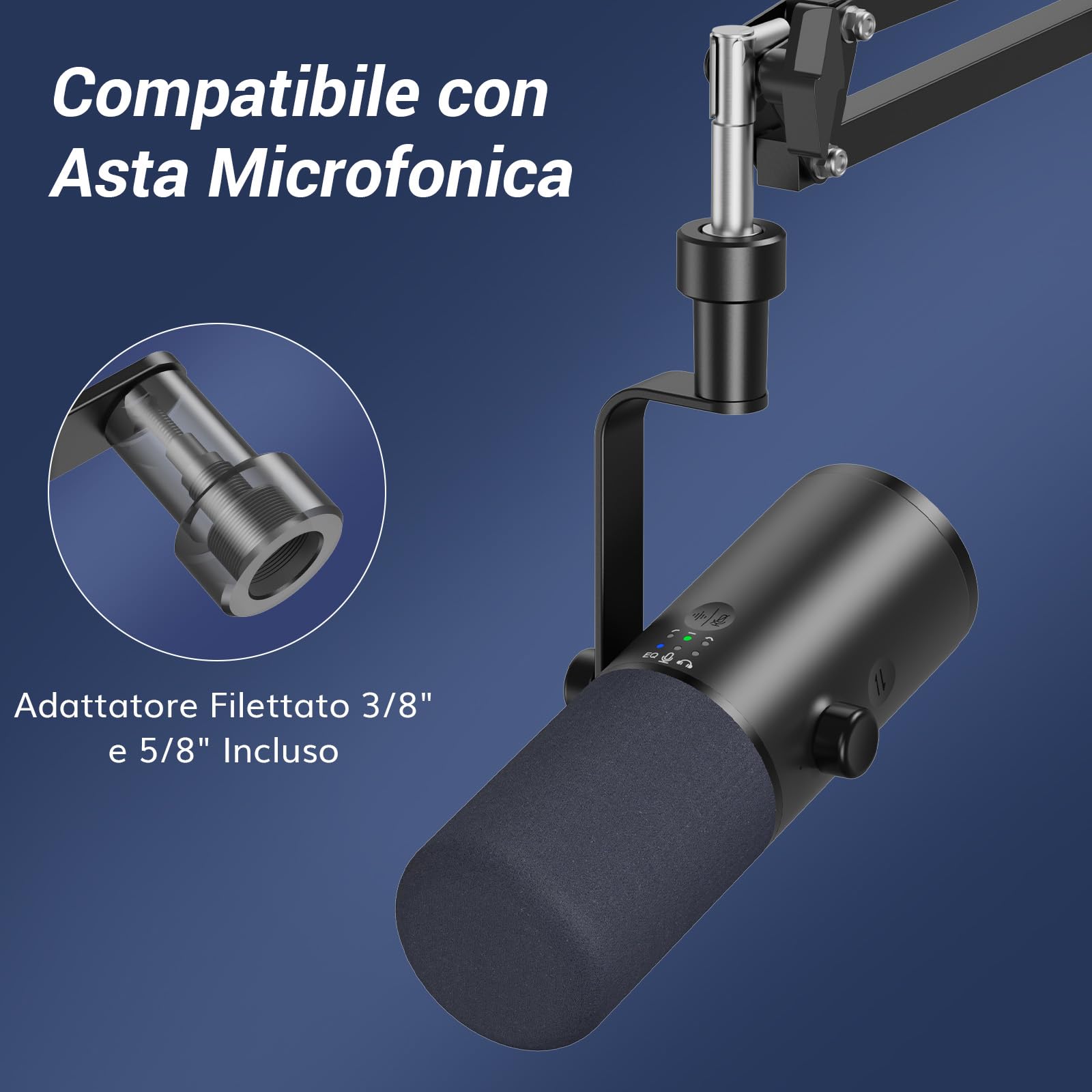 TONOR Microfono podcast dinamico per studio, microfono XLR/USB, cancellazione del rumore AI, funzione tap mute, jack per cuffie da 3,5 mm, controllo volume, micro con supporto da tavolo, nero, TD510