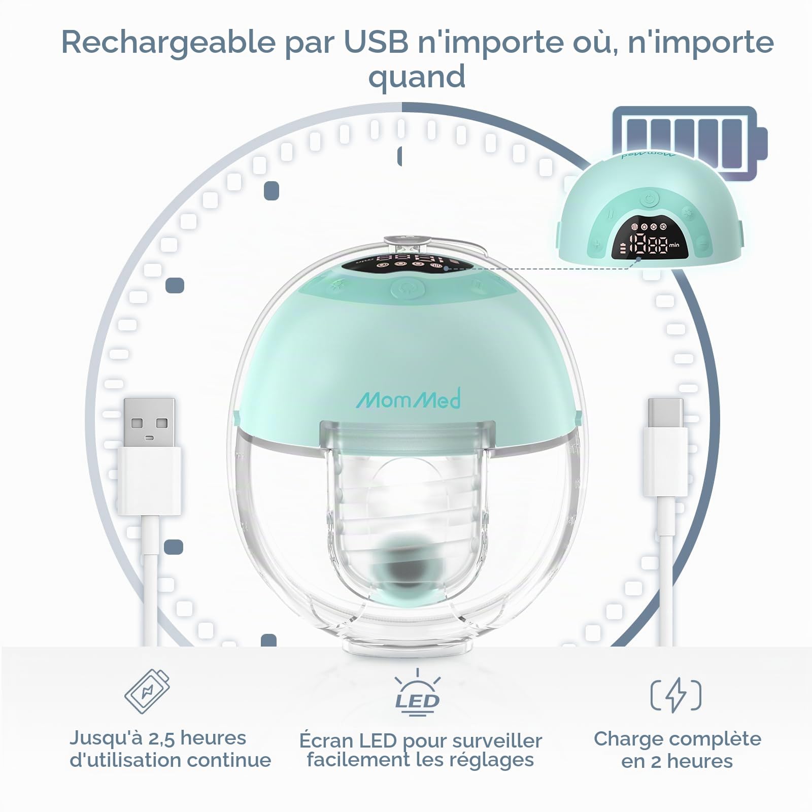 MomMed S33 Tire-lait électrique portable - Double tire-lait électrique mains libres avec 4 modes, 9 niveaux d'aspiration, veilleuse, portable, silencieux et rechargeable, inserts de bride de 17/19/21