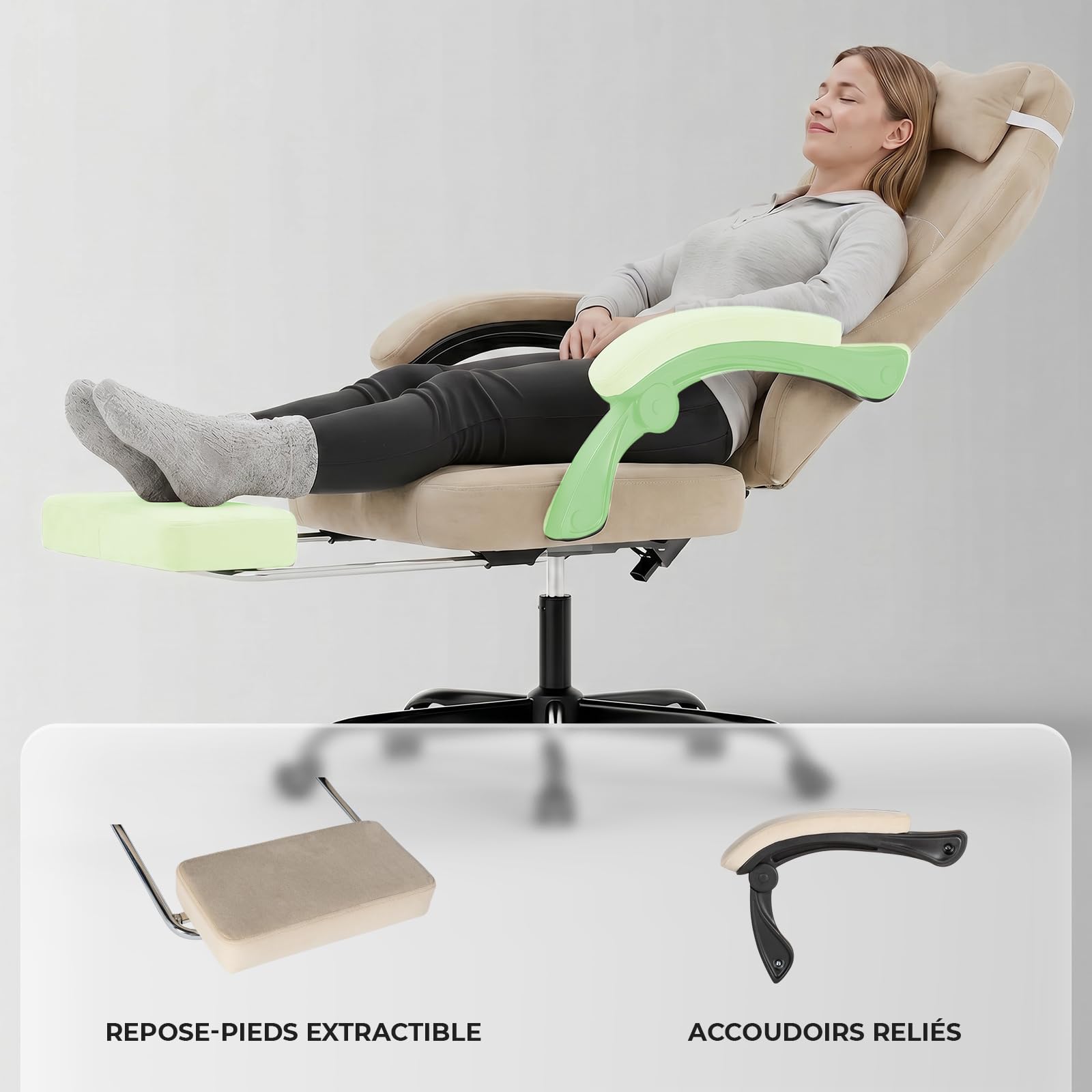 Fauteuil de Jeu, Fauteuil d'ordinateur, Ergonomique, avec Repose-Pieds, Appui-tête réglable, Soutien Lombaire avec Fonction Massage, Rembourrage Moelleux, capacité de Charge de 150kg Beige