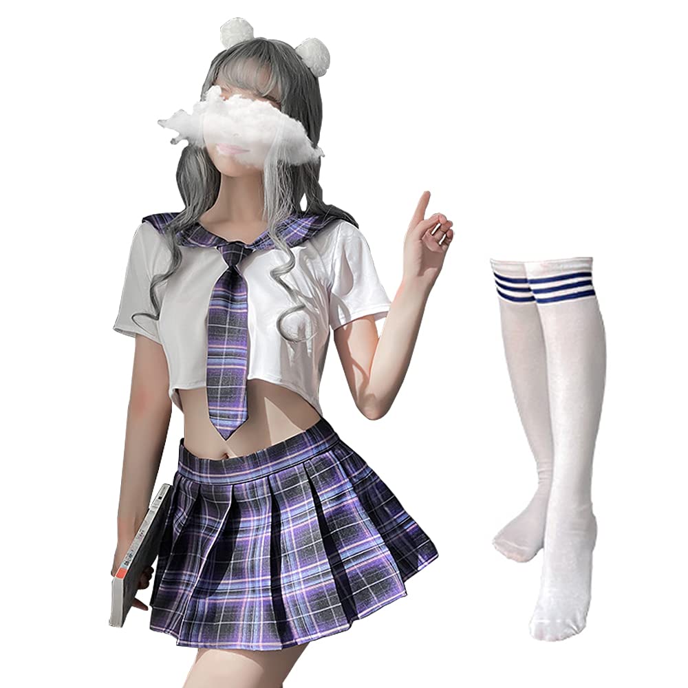 Schoolgirl Outfits Japanese Plaid Pleated Skirt JK Uniform Cosplay Lingerie: 7039white Purple