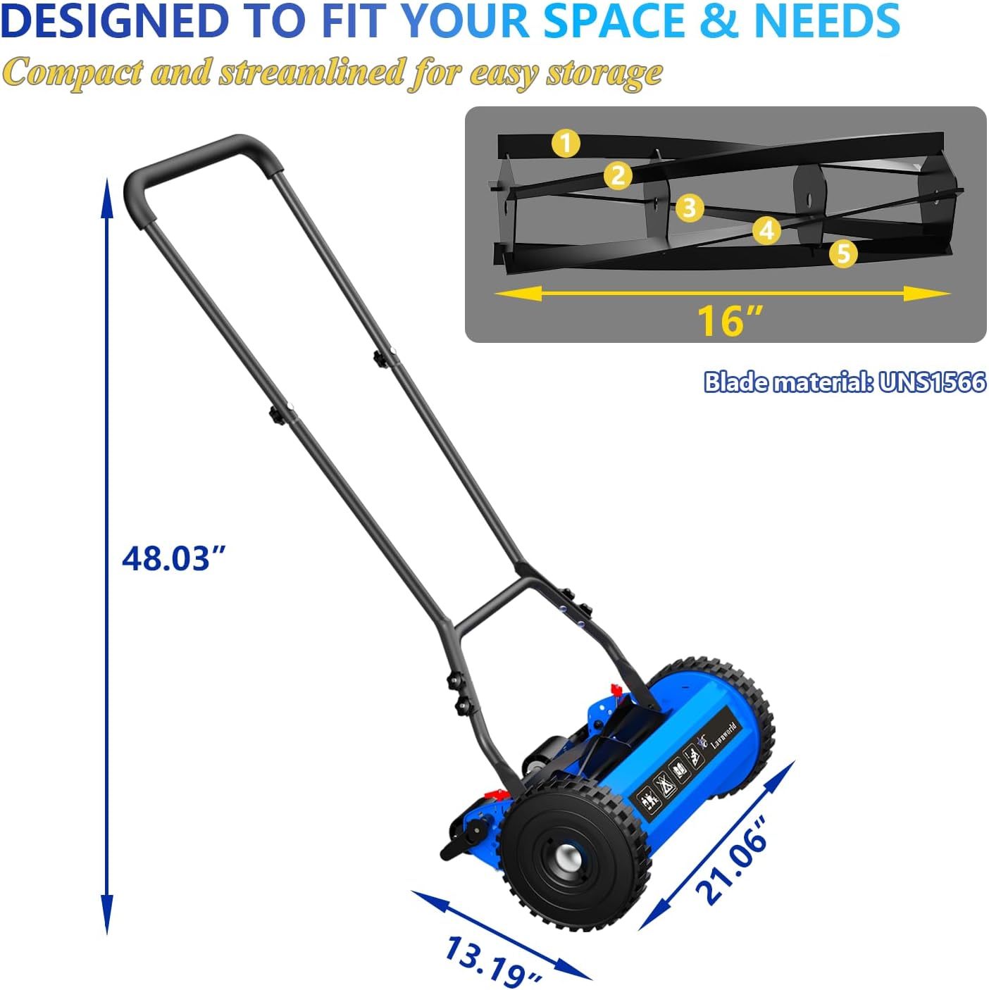 16-Inch Reel Lawn Mower with Tool-Free Blade Adjustment, 5-Blade Manual Push Lawn Mower, 5-Position Height Adjustable Hand Push Reel Mower