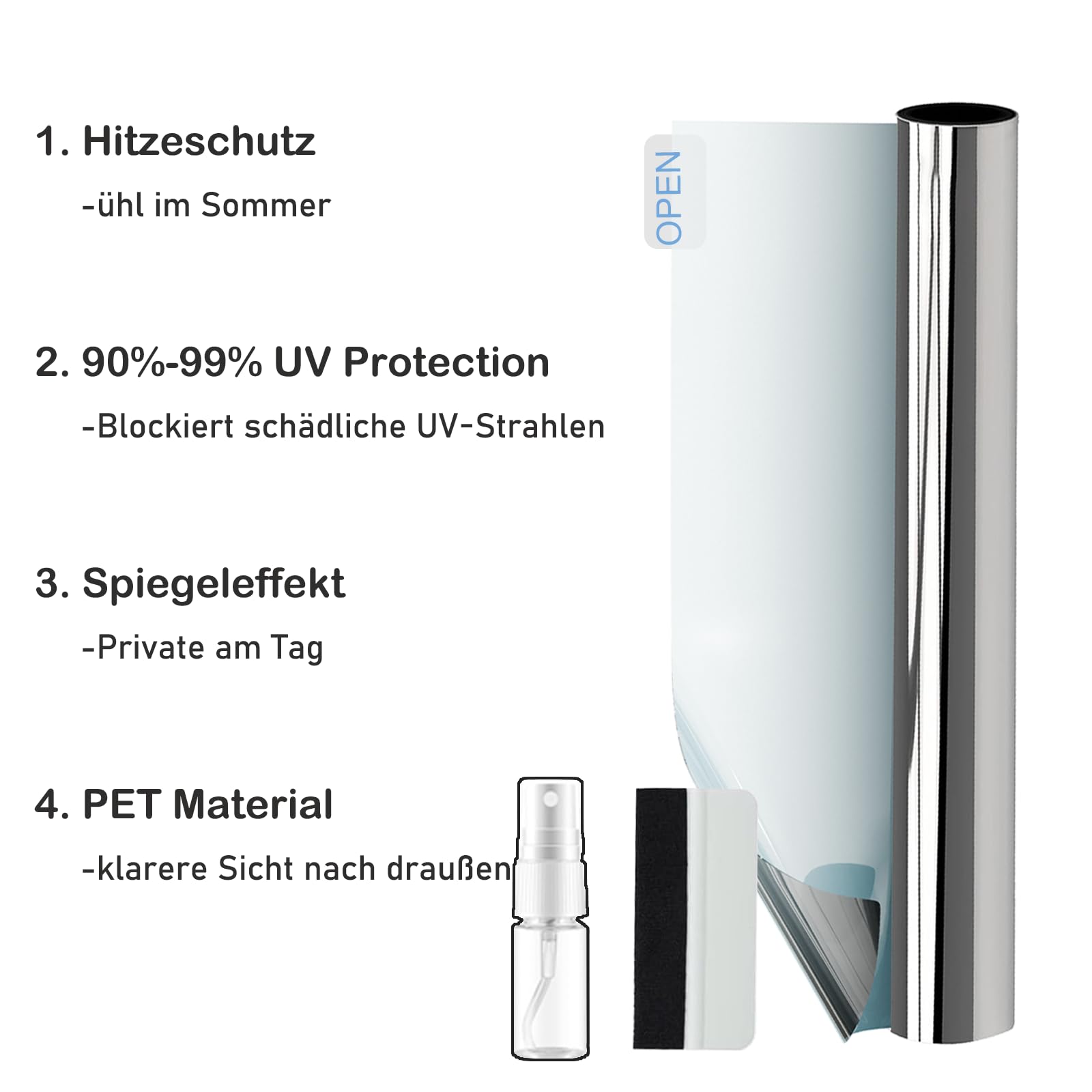 Spiegelfolie Fenster Sichtschutz 75x400cm UV Folie Fenster Hitzeschutzfolie Blickdichte Fensterfolie Selbstklebende Sonnenschutzfolie Fenster Innen & Außen Silber
